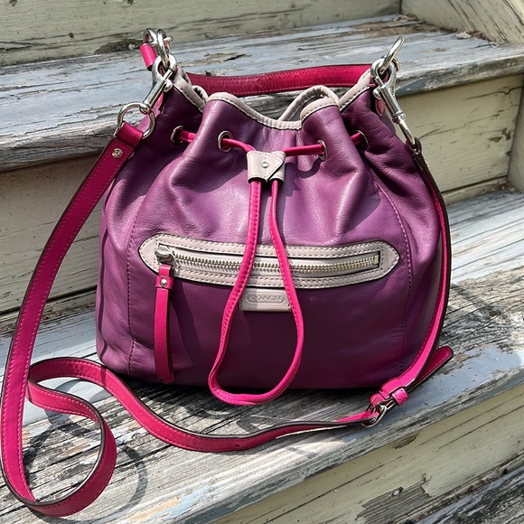 Coach Y2K Purple Pink Leather Crossbody Shoulderbag Drawstring Hobo Avery Boho - Picture 1 of 14